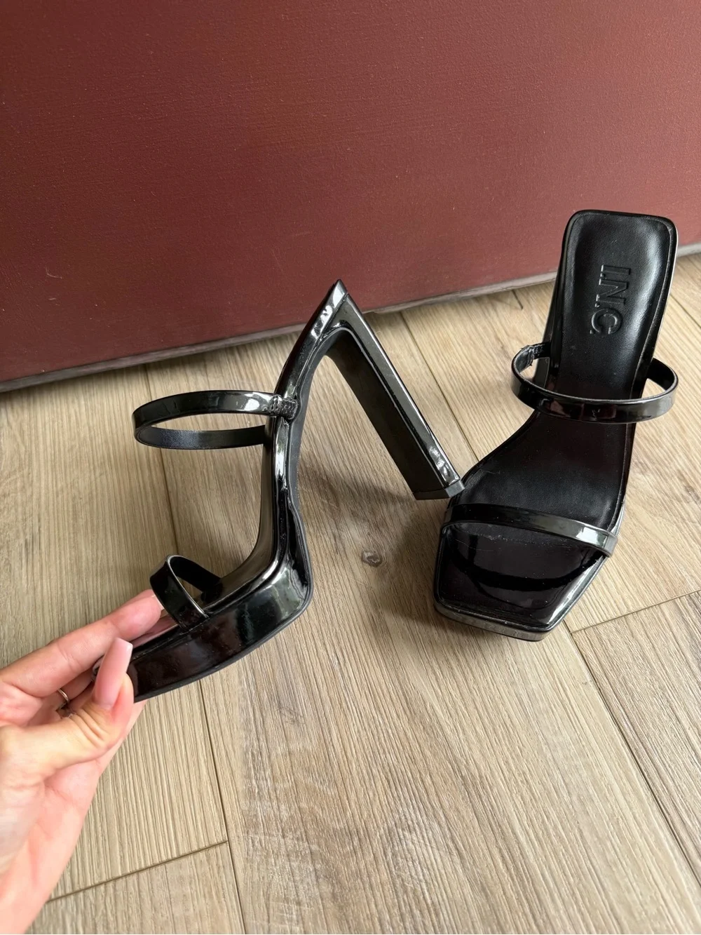 INC International Concepts Black Patent Square-Toe Double Strap Heels